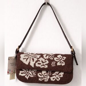 Brown Floral Beaded Shoulder Bag with leather straps